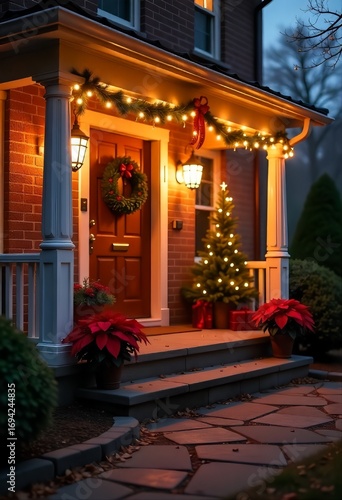Cozy holiday front porch decorated with poinsettias, string lights, and warm glow