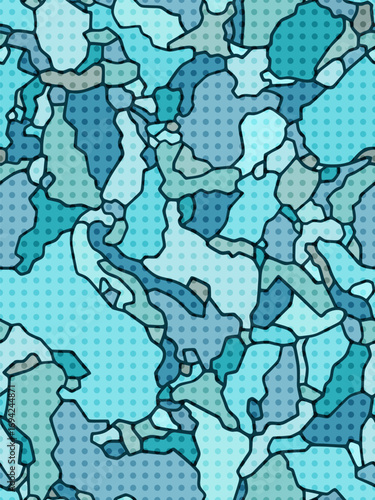 Bold abstract seamless vector pattern in cool blue tones with dark outline and halftone dot texture overlay