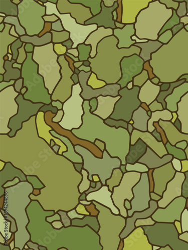 Seamless vector pattern with organic terrain shapes in warm green palette and dark brown contour lines