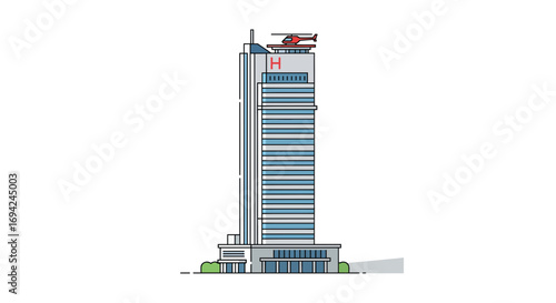 Modern hospital building with helipad and red cross symbol on top for emergency services and medical care