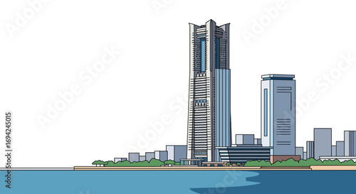 Modern cityscape skyline illustration with tall skyscrapers and waterfront view creating a urban scene