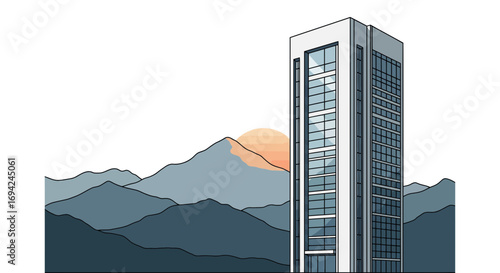 Modern skyscraper rising against a mountain range with a warm sunset glow in the background creating a scenic vista