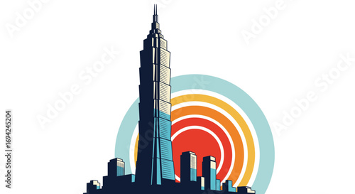 Skyline illustration featuring a tall building silhouette against a retro sunset backdrop in a modern city