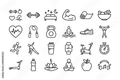 Fitness and wellness vector icon set. Gym, Exercise, Yoga, Meditation, Healthy Lifestyle, Sports, Nutrition, Body Care and more. Editable stroke. Vector illustration.