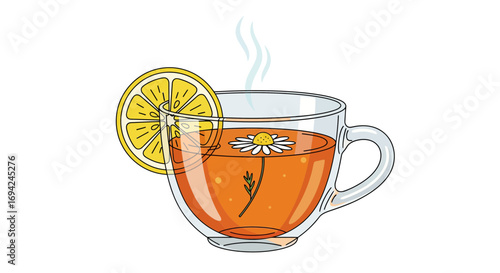 Steaming cup of herbal tea with chamomile flower and lemon slice, a refreshing and healthy beverage