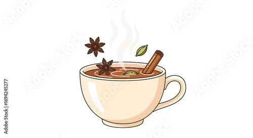 Steaming cup of chai tea with star anise and cinnamon stick vector illustration for beverage concepts