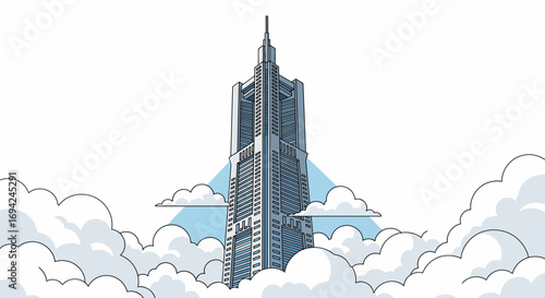 Striking skyscraper pierces through fluffy clouds, an architectural marvel against a serene sky backdrop