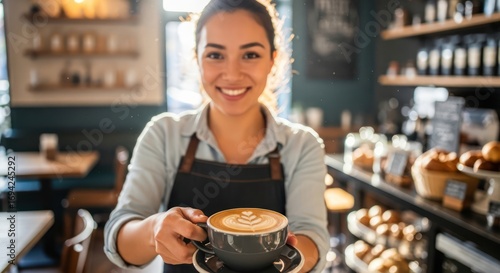 Friendly barista presents frothy latte art with smile in cozy coffee shop ambiance