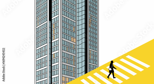 Woman crosses a yellow crosswalk in front of a tall building in a modern city environment illustration