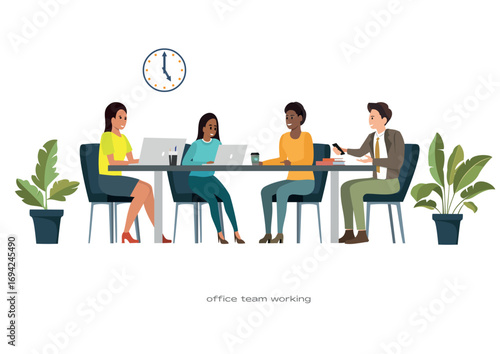 Flat vector illustration of diverse office team working together on a project