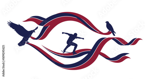 Silhouette of a skateboarder riding on a ribbon with an eagle on each side isolated on white background