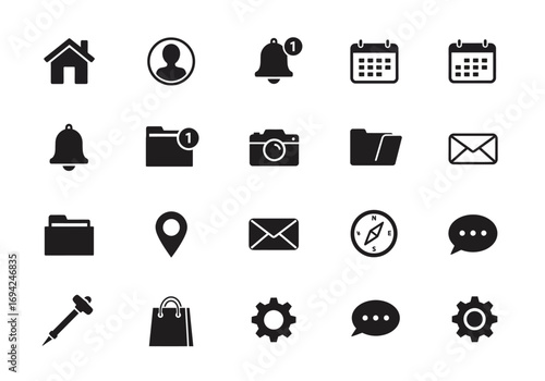 24 Minimalist Black UI Icons Home User Notification Calendar Email More
