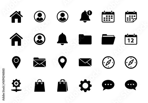 Collection of 24 Simple Black Glyph Icons for Website and App UI Design
