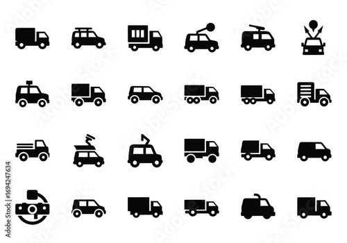 Collection of various black vehicle icons on a, including trucks, vans, cars, and delivery vehicles, representing transportation and logistics