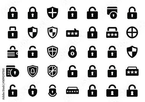 Collection of security and privacy icons including locks, shields, and password fields