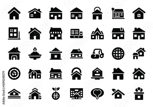 Collection of diverse house and building icons, , representing real estate, home, and architecture concepts