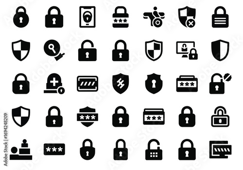 Collection of security and privacy icons including locks, shields, and access symbols