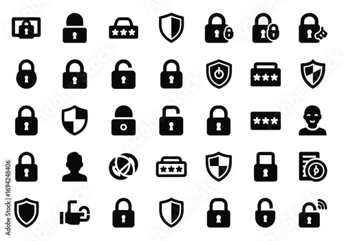 Collection of security and privacy icons including locks, shields, passwords, and user profiles