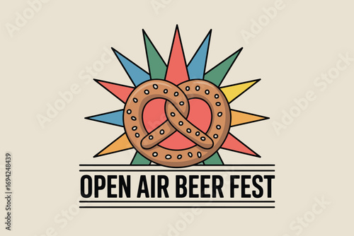 Open air beer fest logo with pretzel and sunburst design on a beige background illustration style