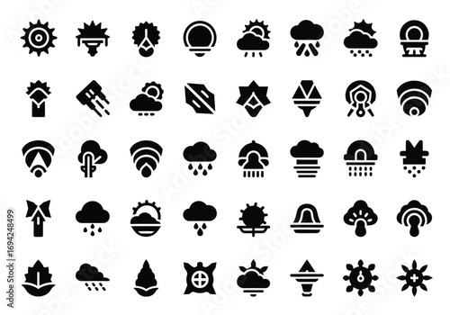 Collection of weather icons, including sun, cloud, rain, snow, wind, and lightning