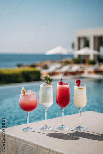 mesmerizing array of top  famous cocktails elegantly arranged poolside under sun