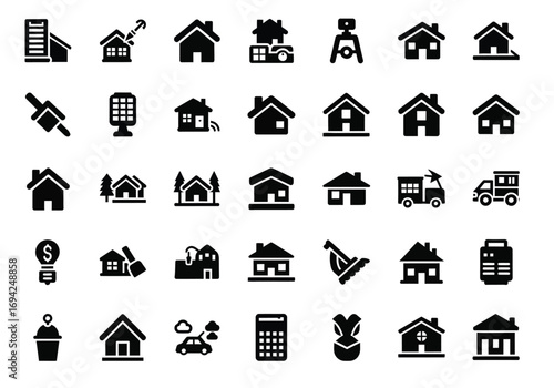 Collection of various black house and real estate icons on a, representing different aspects of property and home ownership