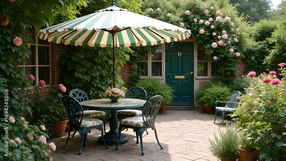 Obraz premium English Country Patio with Traditional Striped Parasol
