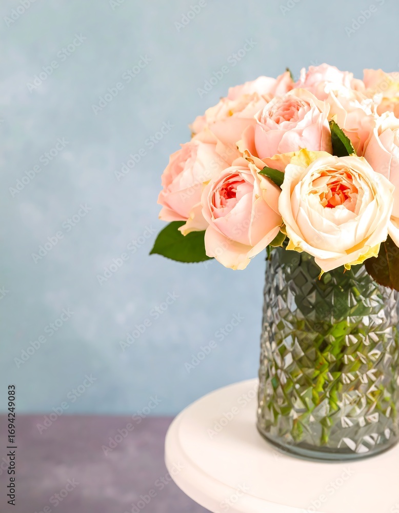 Fototapeta premium Delicate bouquet of pastel roses in a textured vase