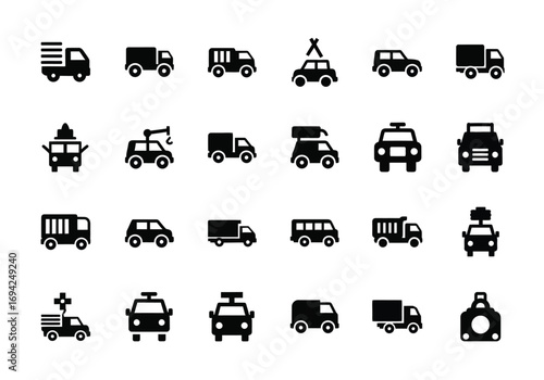 Collection of various vehicle icons including trucks, cars, vans, and emergency vehicles