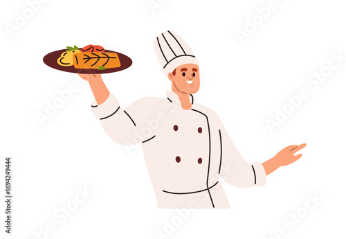 Chef cook holding dish in hand. Smiling happy male with restaurant food on plate, gourmet meal. Kitchen professional presenting, serving delicacy. Flat vector illustration isolated on white background