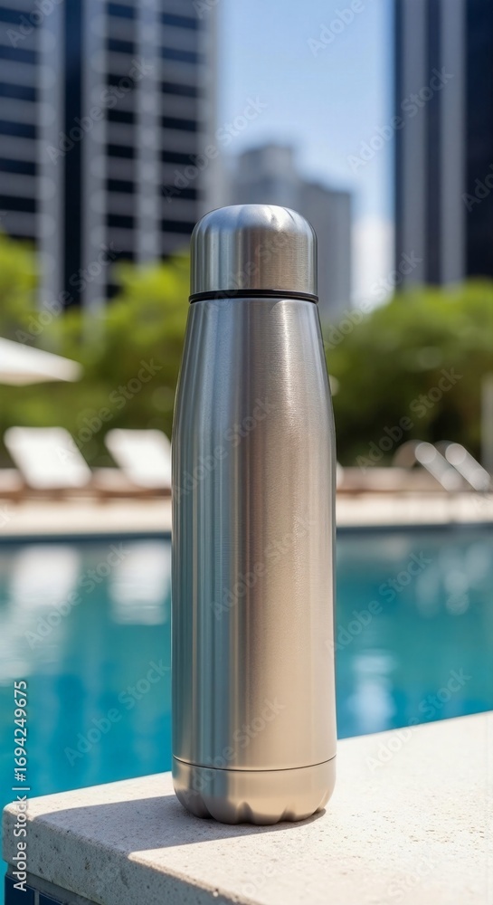 Fototapeta premium Stainless steel reusable water bottle stands by a blue swimming pool in a summer resort for hydration and sustainable living