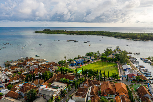 Aerial view of a coastal village with boats and greenery