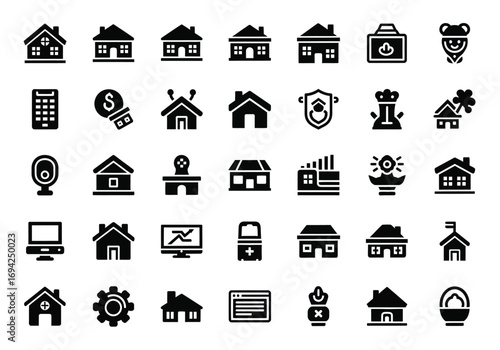 Collection of various black house and building icons