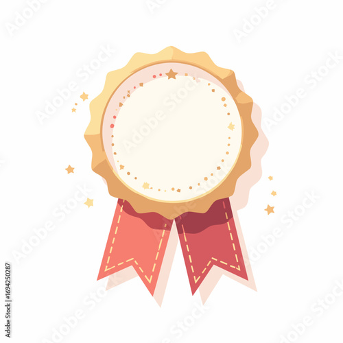 Badge ribbon placeholder: vertical ribbon with numeric badge and tiny star cluster, soft shadow on white background