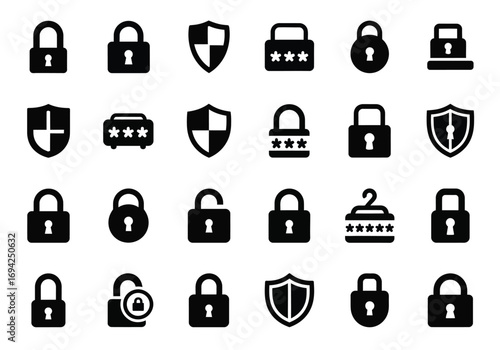 Collection of security icons including padlocks, shields, and password symbols