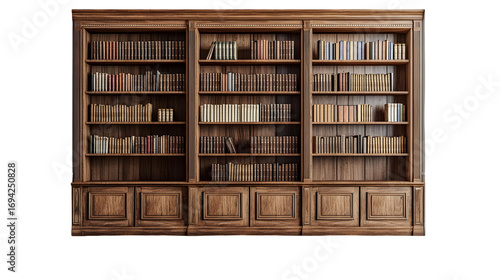 Vintage brown wooden bookshelves or cabinets in an empty room isolated on a transparent background