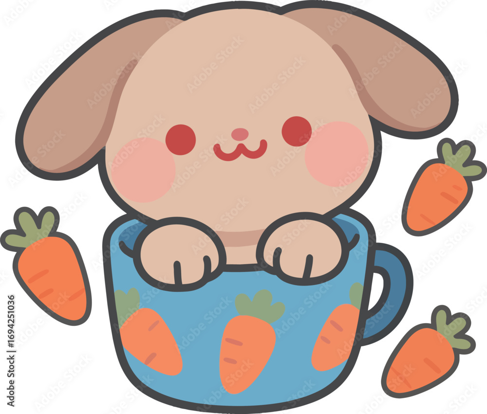 Fototapeta premium Cute cartoon bunny with floppy ears sitting in a cup surrounded by carrots.