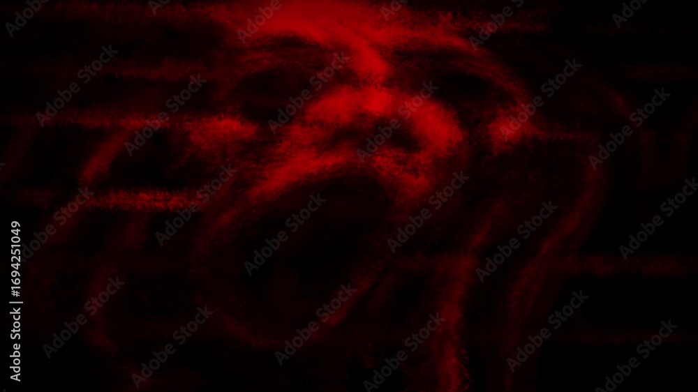 Scary flickering monsters faces in dark. 2D horror animation. Effects of noise. Gloomy animated short film. Evil demons with crazy eyes. Apocalyptic doomsday theme. Black and red background colors.