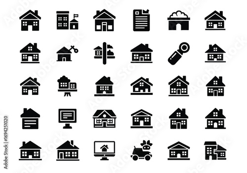 Collection of various house and building icons, including different architectural styles, real estate concepts, and urban elements