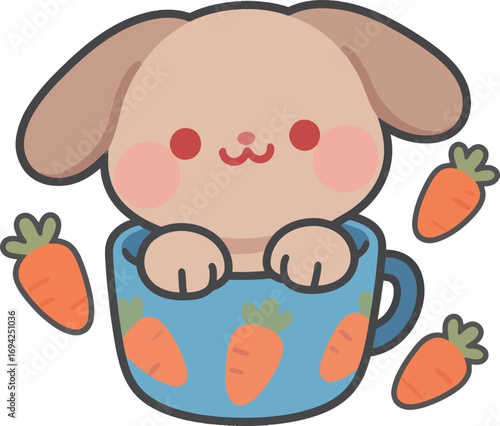 Cute cartoon bunny with floppy ears sitting in a cup surrounded by carrots.