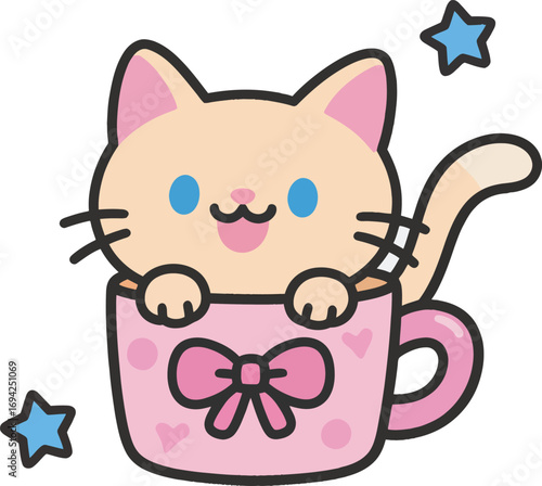 A cute cream-colored kitten sits happily in a pink mug with a bow.