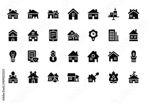 Collection of various house and building icons, representing real estate, home, and property concepts