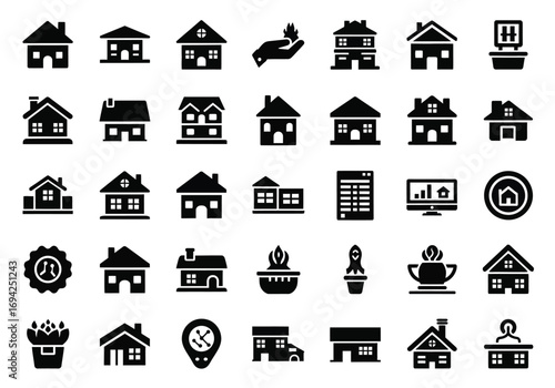 Collection of various house and real estate icons, representing different types of buildings, home ownership, and property management