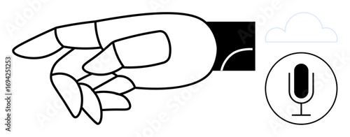 Robotic hand emphasizing gesture control, accompanied by cloud icon and voice recognition symbol. Ideal for AI innovation, robotics, tech communication, futuristic design, automation, digital