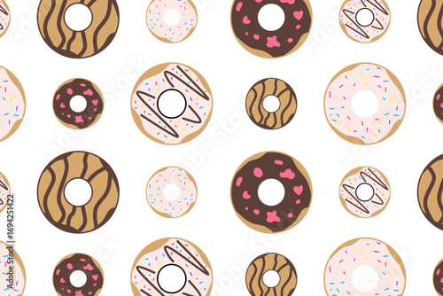 Seamless donut pattern with chocolate glaze, strawberry frosting, and colorful sprinkles. Perfect for bakery packaging, sweet-themed backgrounds, and playful food designs.
