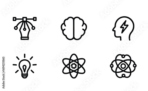 Bold line icons represent creative design process, innovation and scientific research