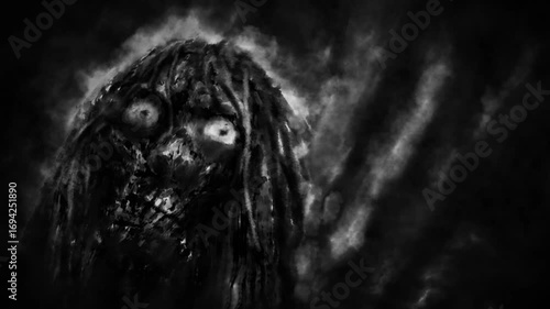 Evil fanged monster attack in creepy nightmare. 2D animation horror fantasy genre. Scary eyes in spooky night. Gloomy animated short film. Abstraction dark backdrop. Black and white background movie.