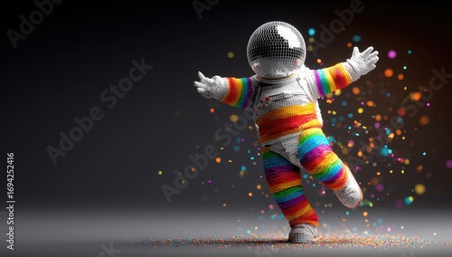 Colorful astronaut dancing in space, vibrant suit, confetti