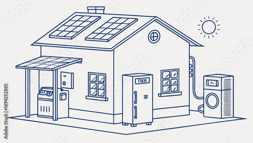Simple on-grid solar cell system with house concept, inverter, panels, and components isometric vector.