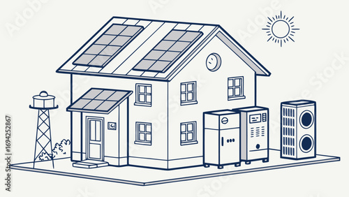 On-grid solar cell simple diagram system with color house concept, inverter, panels, and components isometric vector.